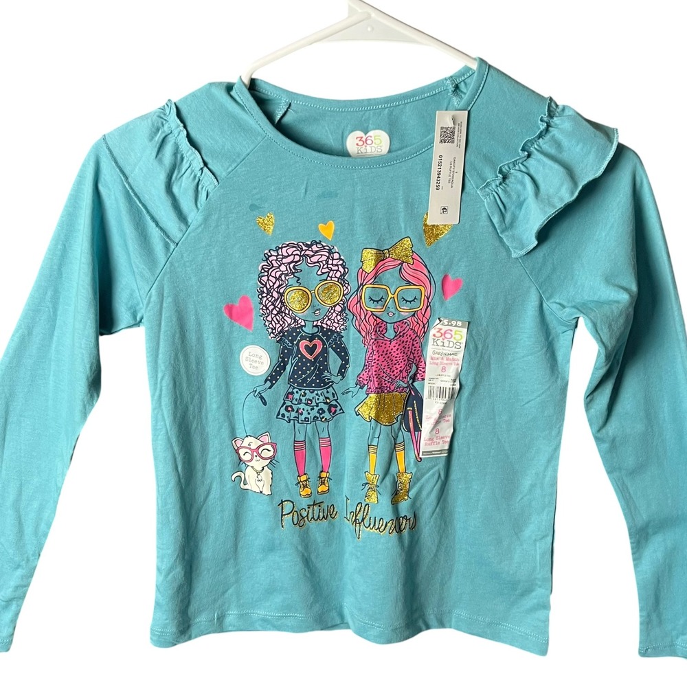 365 Kids from Garanimals Long Sleeve Ruffle Tee Girls 8 Aqua Positive Influencer - Picture 13 of 15